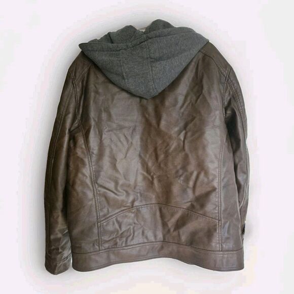 GUESS Mens Faux Leather Hooded Moto Jacket Brown XXL Zip Hood Wind Water Resist - Picture 2 of 16